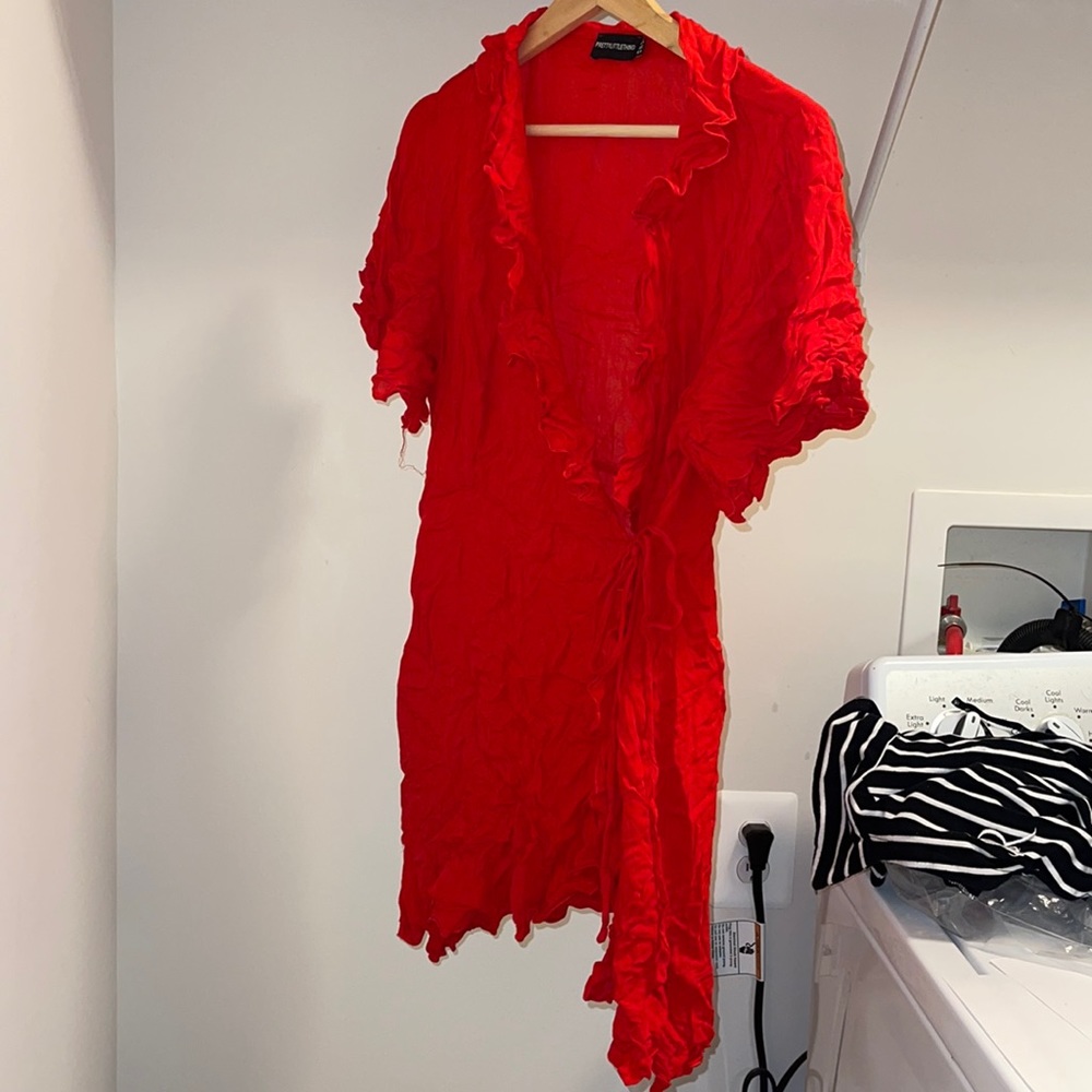 frilled wrap red mini dress